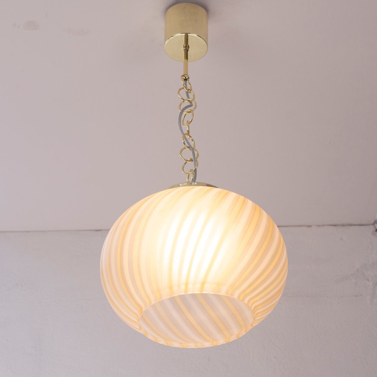 photo for sale Suspension Lamp In Frosted Glass With White And Amber Stripes, Italy