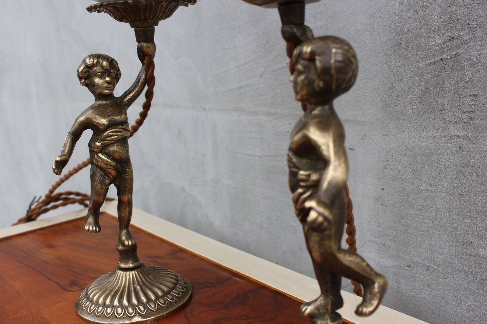 Vintage Brass Cherub Bedside Lamps Pair Baroque Table Lamps With White Glass Shades photo vintage
