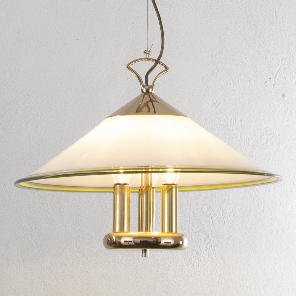 Suspension Lamp In White Murano Glass With Yellow, Green And Galvanic Gold Finishes, 1980s photo furniture