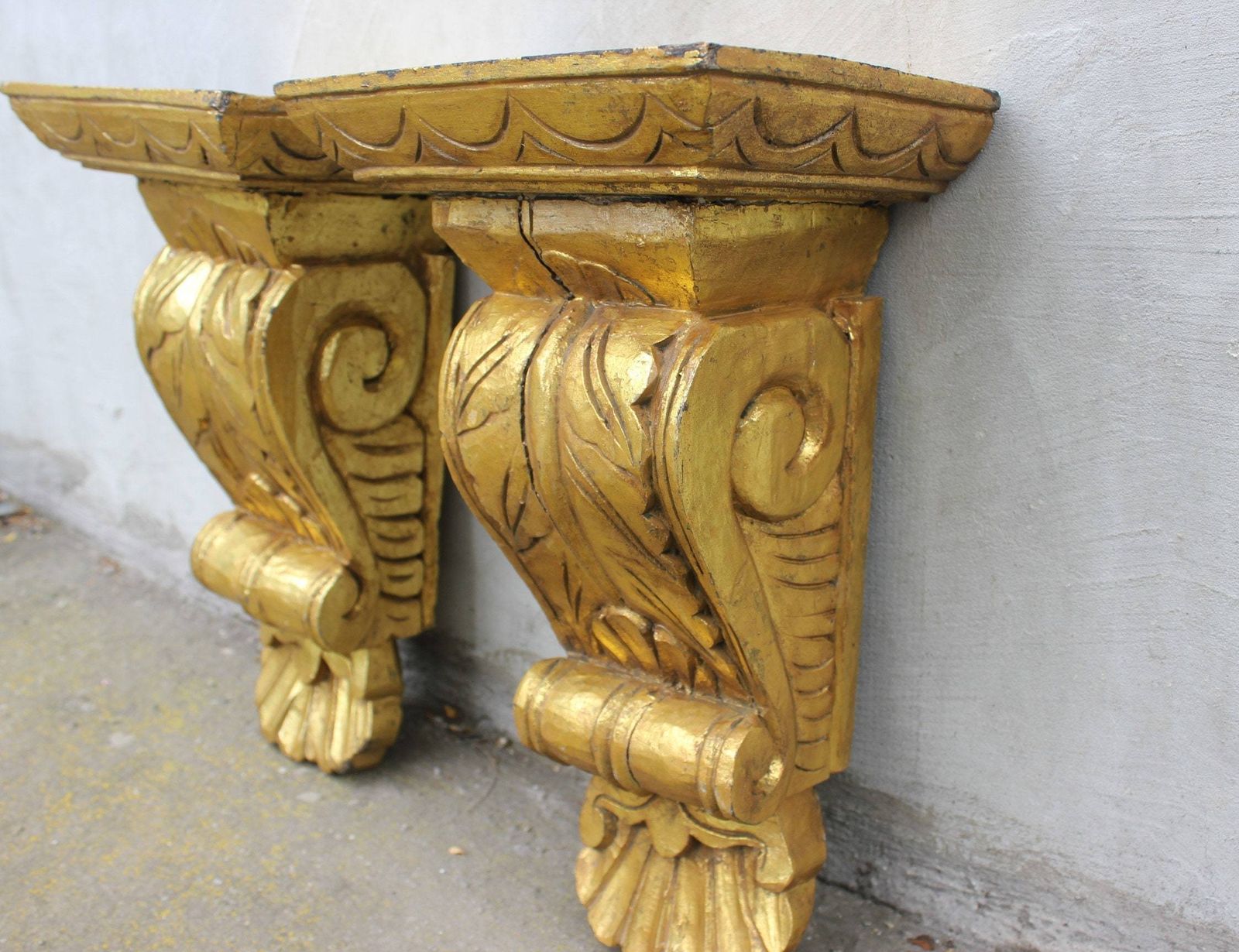 Pair Corbels Acanthus Scroll Hand Carved Wooden Fireplace Surround, Two Consoles photo for sale