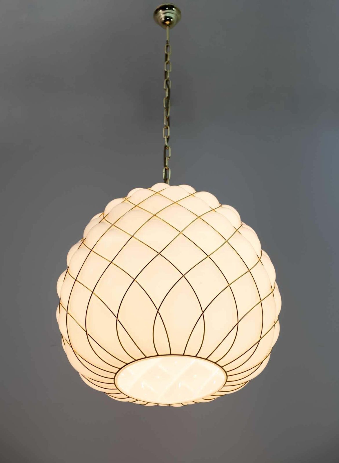 Four Modern Brass And Caged Murano Glass Large Pendant Lamps By Fontana Arte photo furniture