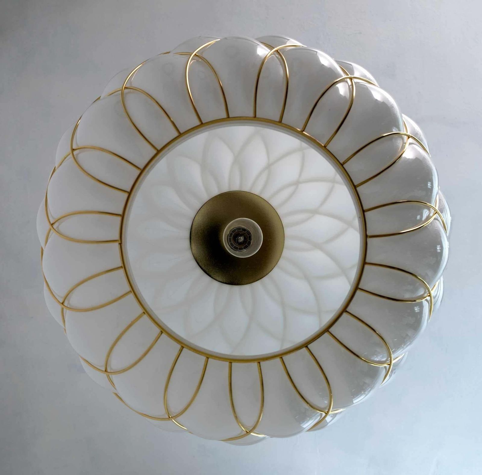 Four Modern Brass And Caged Murano Glass Large Pendant Lamps By Fontana Arte photo buy