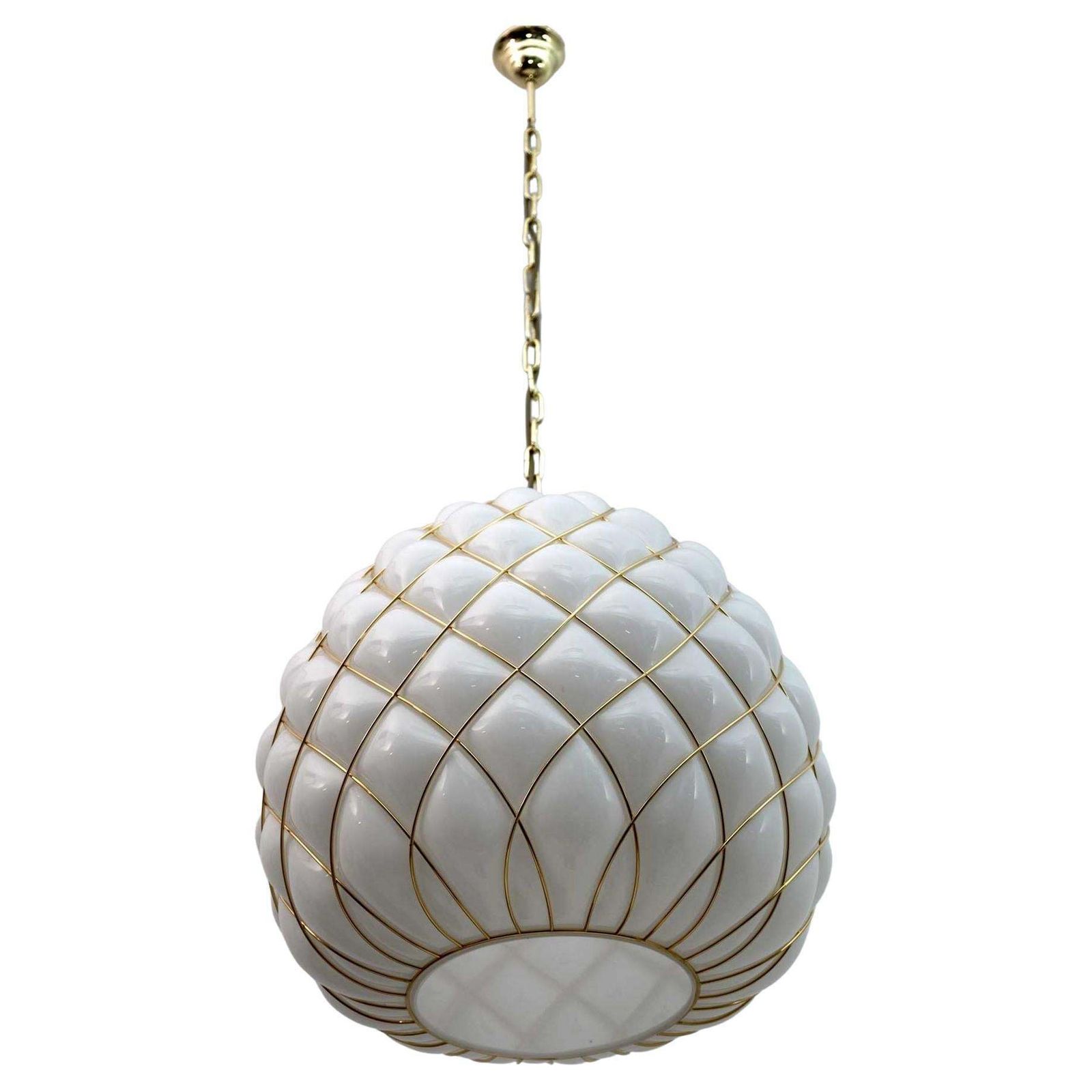 Four Modern Brass And Caged Murano Glass Large Pendant Lamps By Fontana Arte photo vintage