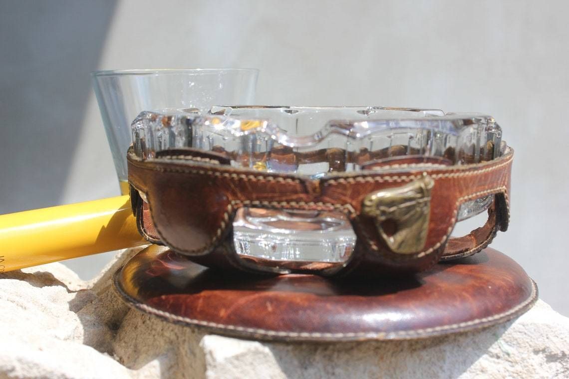 Rare Art Deco Leather And Crystal Cigar Smoking Ashtray Italy For Cigar Lounge Or Soothing Area photo furniture