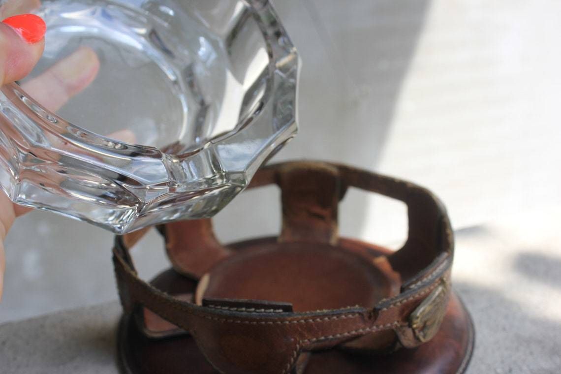 Rare Art Deco Leather And Crystal Cigar Smoking Ashtray Italy For Cigar Lounge Or Soothing Area photo Home Decor