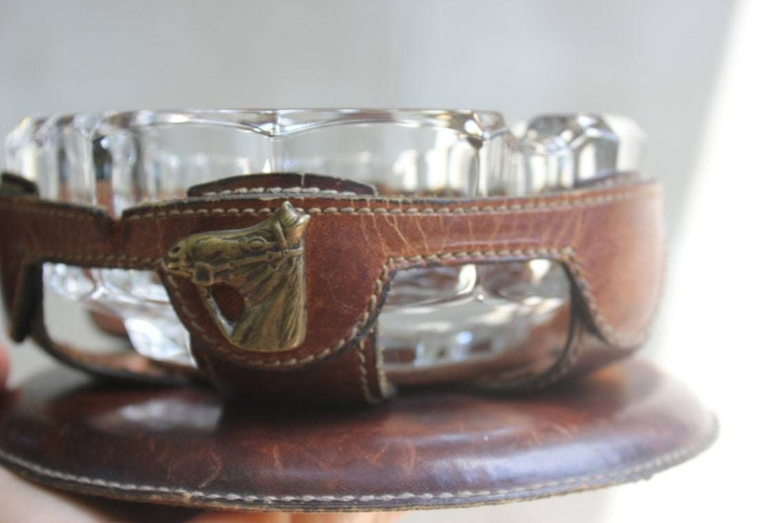 Rare Art Deco Leather And Crystal Cigar Smoking Ashtray Italy For Cigar Lounge Or Soothing Area photo buy