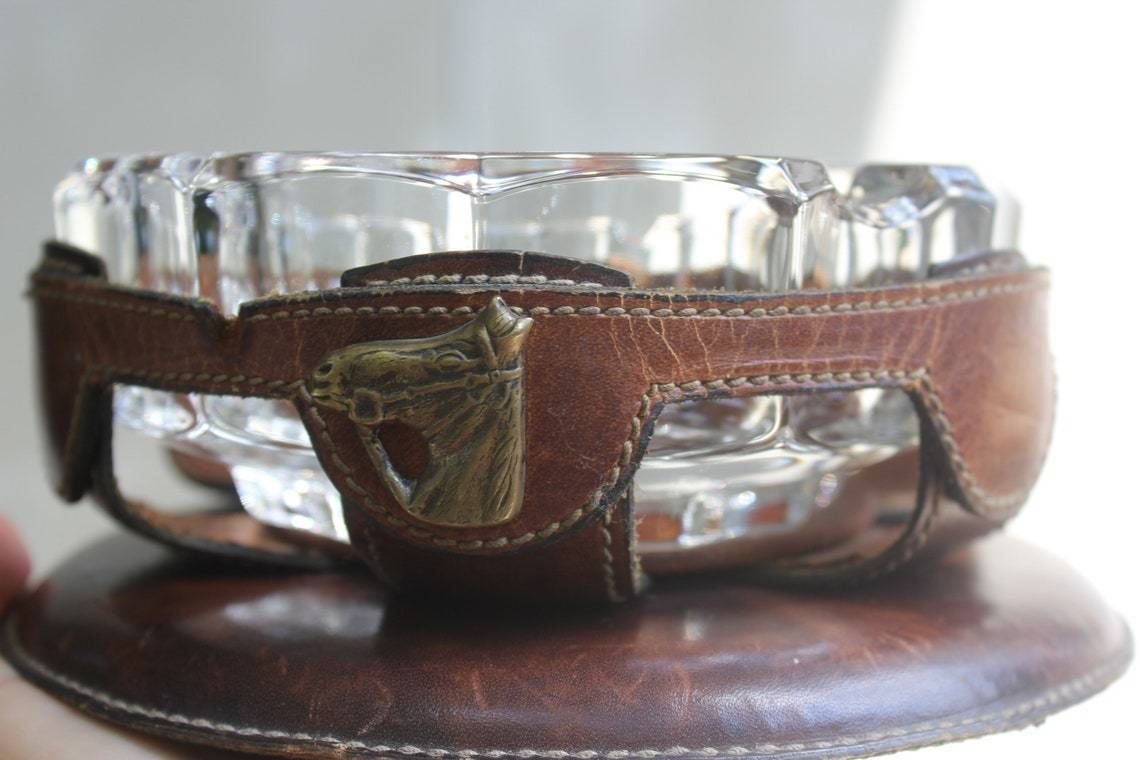 Rare Art Deco Leather And Crystal Cigar Smoking Ashtray Italy For Cigar Lounge Or Soothing Area photo vintage