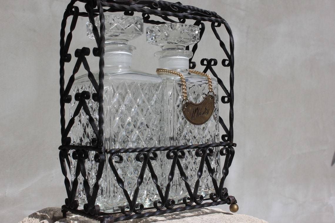 Vintage 2 Glass Liquor Decanters Set Tantalus In Handmade Metal Stand Whisky Sign Home Bar Serving Set