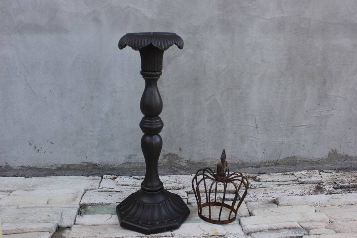 Large Cast Iron Candlestick Floor Metal Candle Holder Fireplace Tall Light 20th Century Antique photo furniture