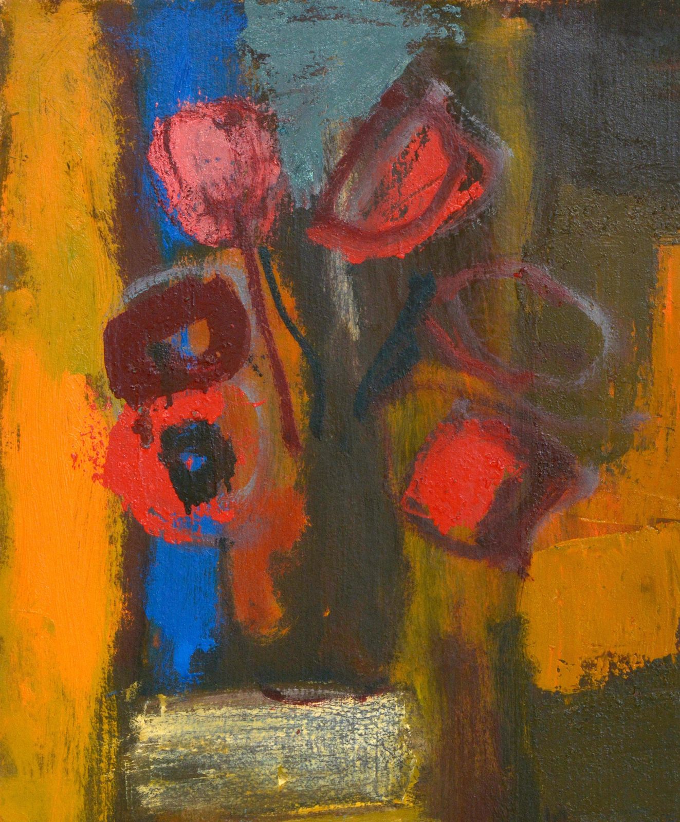 Aleksandr Rodin Tulips In Vase. Oil On Cardboard
