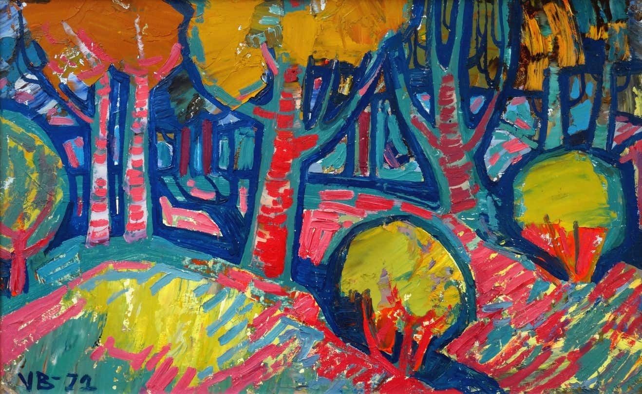 Valdis Bush Sunset In The Forest. 1972., Cardboard, Oil