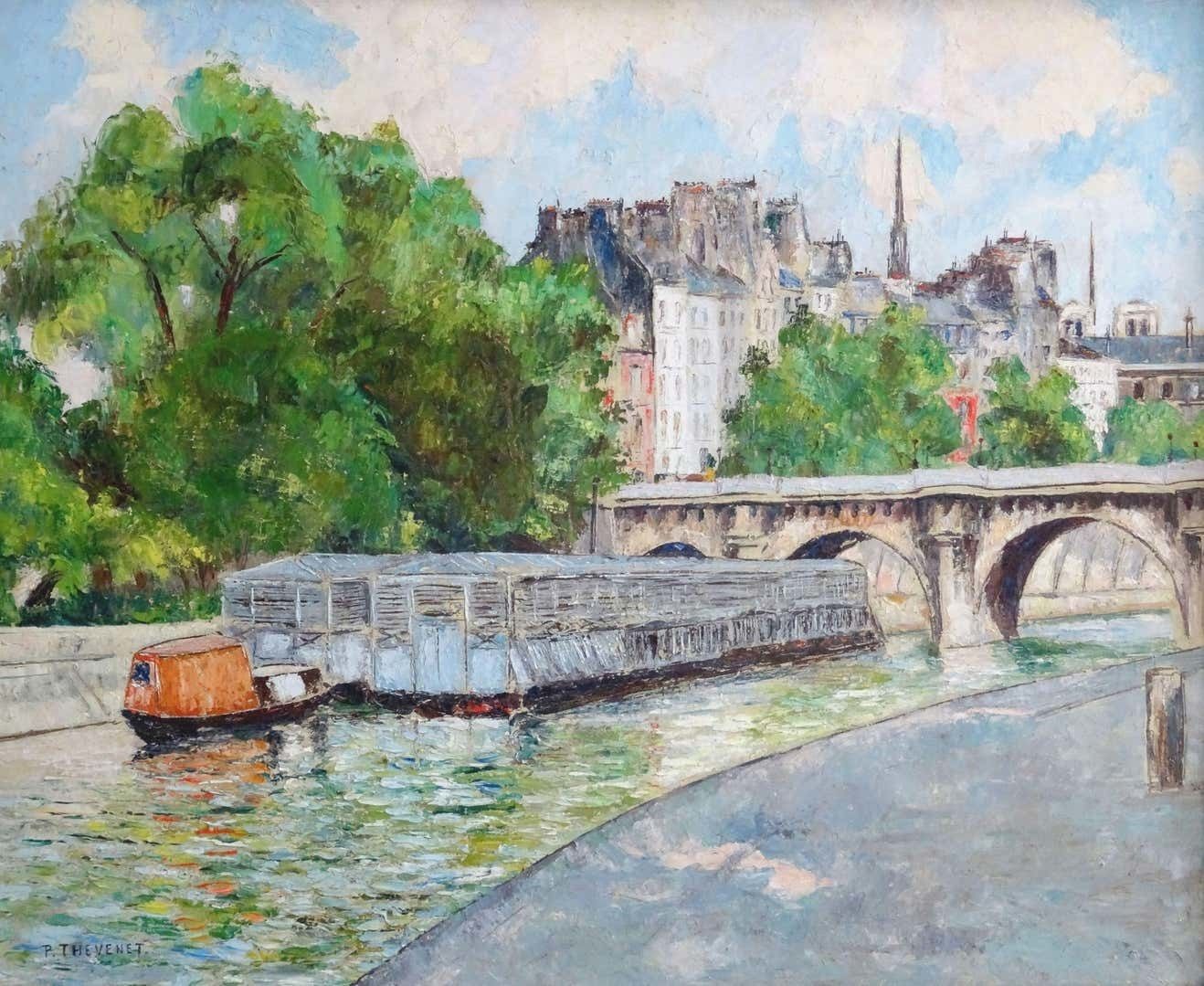 photo for sale The New Bridge Oil On Canvas, Early 20th Century