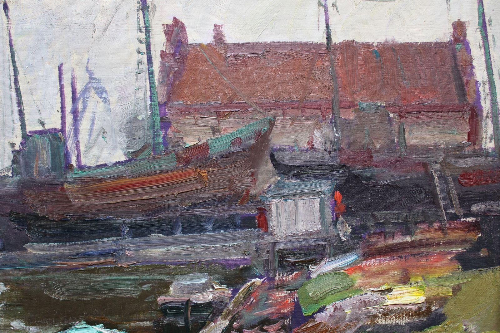 Nikolajs Breikss Ship Repair. Oil On Cardboard photo buy