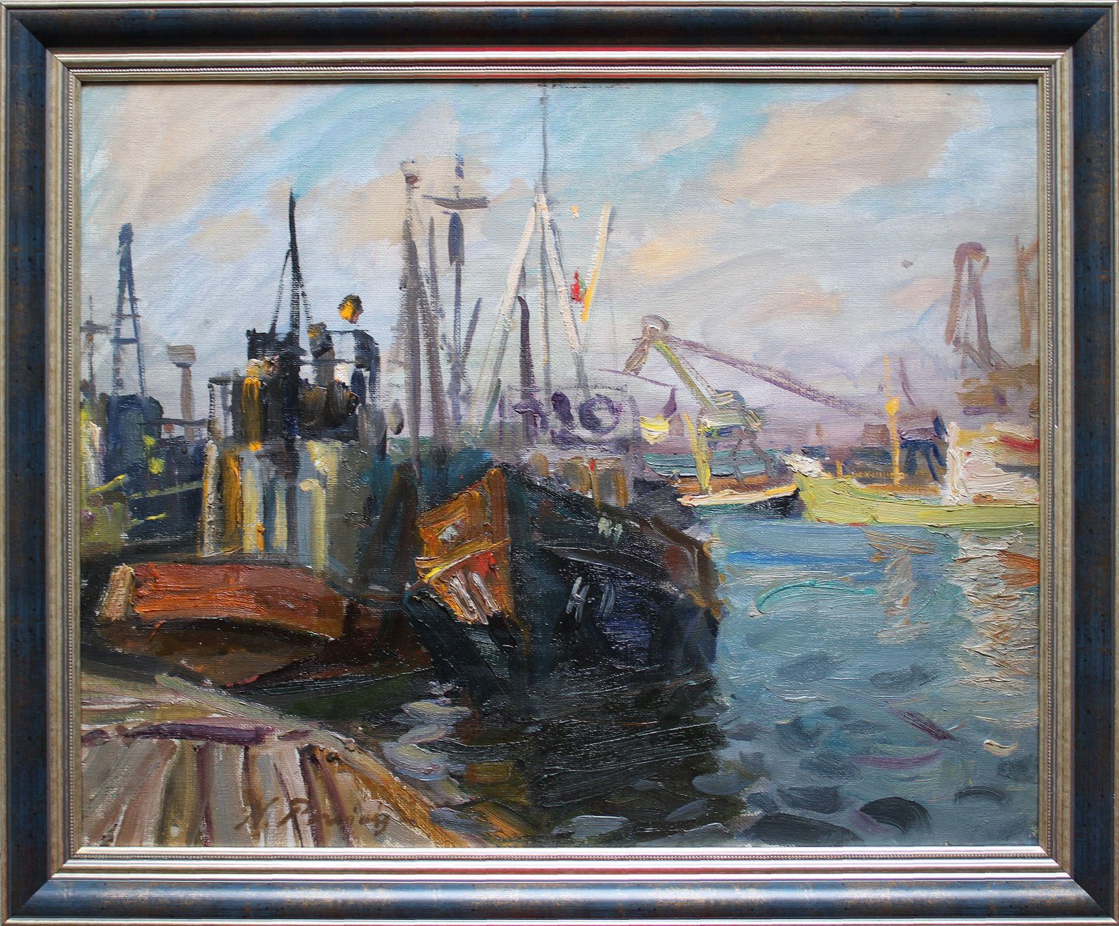 Nikolajs Breikss Ships In Port Oil On Cardboard photo furniture