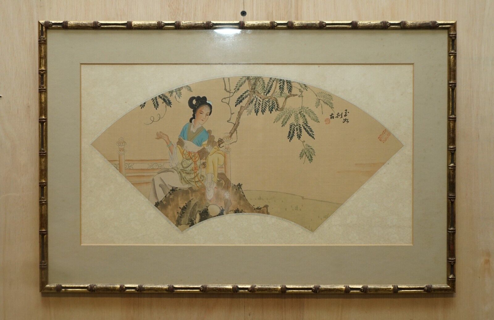 Pair Of Signed Antique Chinese Watercolour Silk Paintings Of Geisha Girl Flowers photo furniture