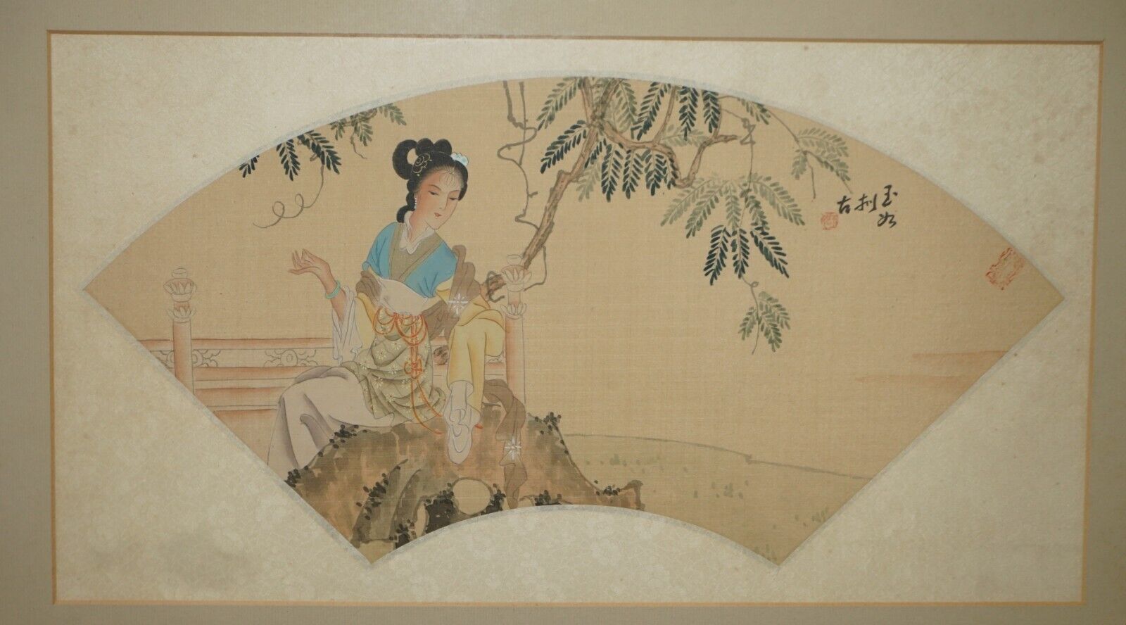 Pair Of Signed Antique Chinese Watercolour Silk Paintings Of Geisha Girl Flowers photo Art