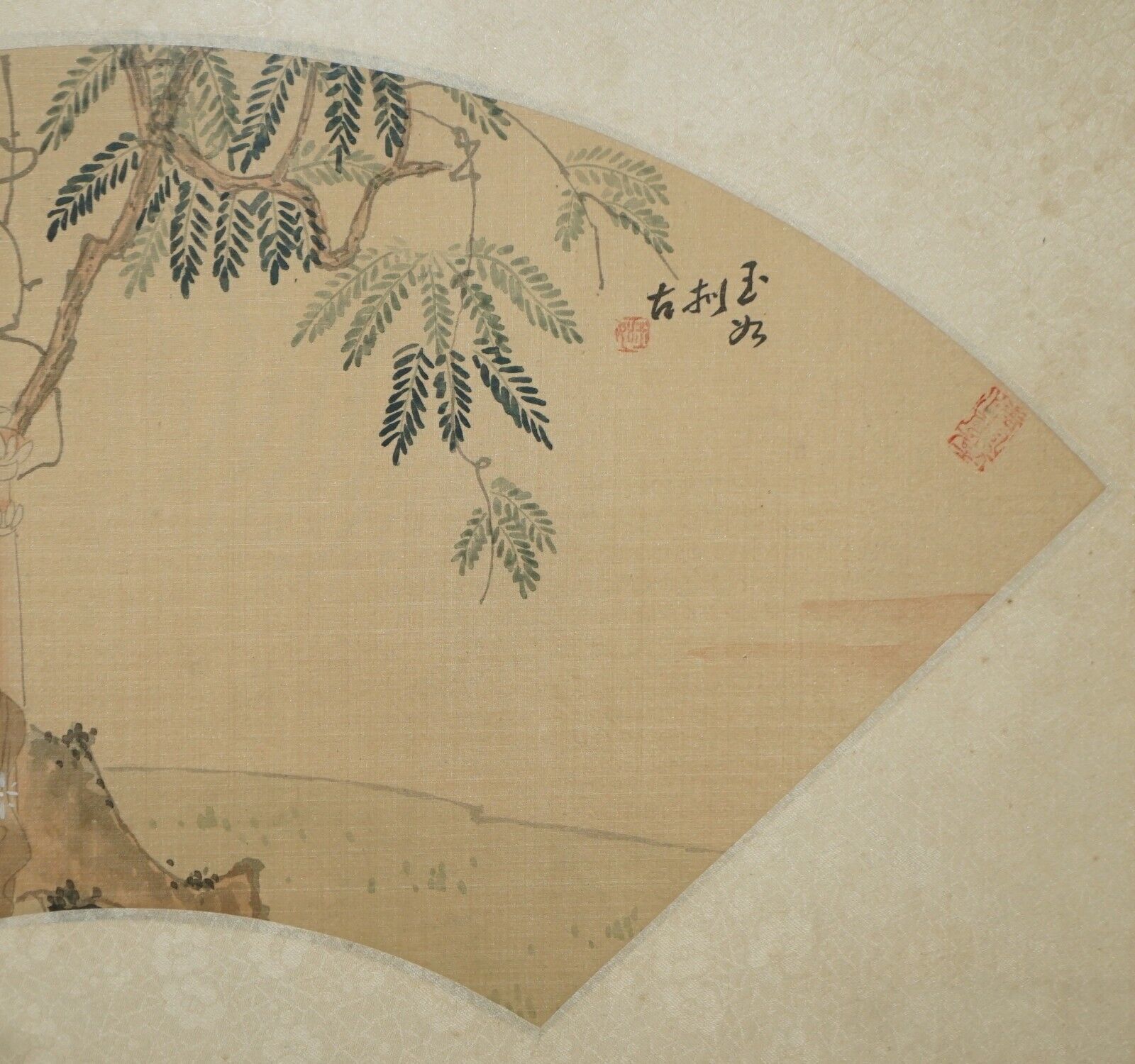 Pair Of Signed Antique Chinese Watercolour Silk Paintings Of Geisha Girl Flowers photo vinterior