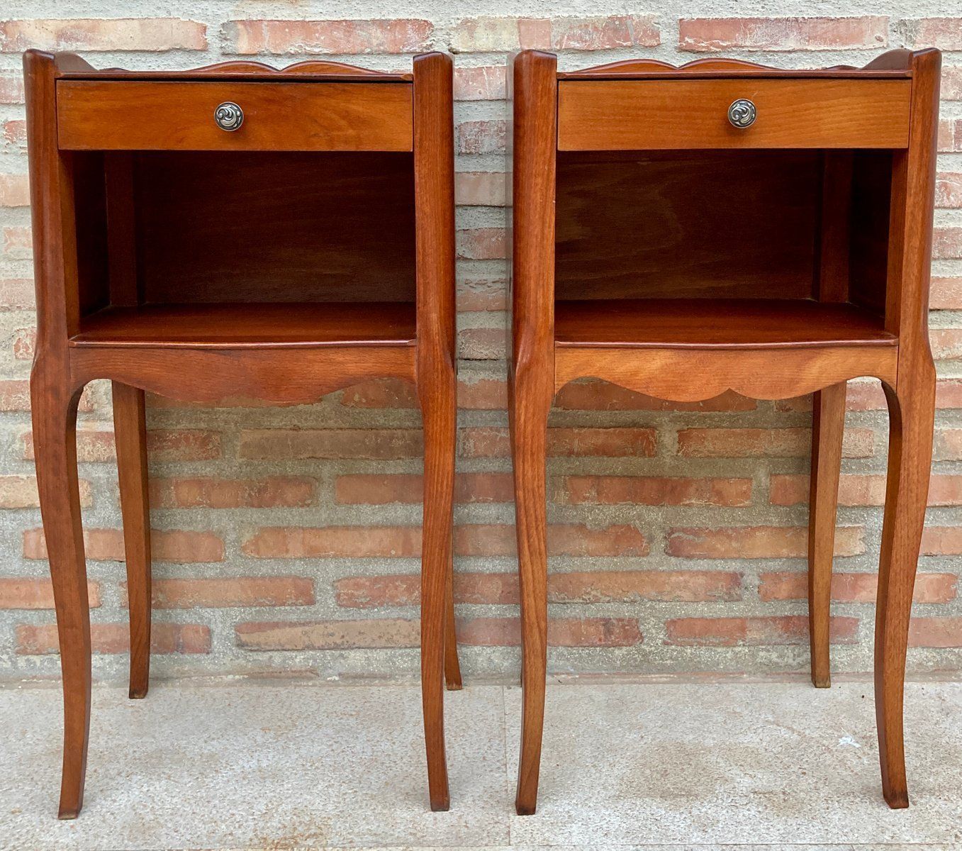 20th Marquetry Walnut Nightstands Tables With Drawer And Open Shelf, 1940, Set Of 2