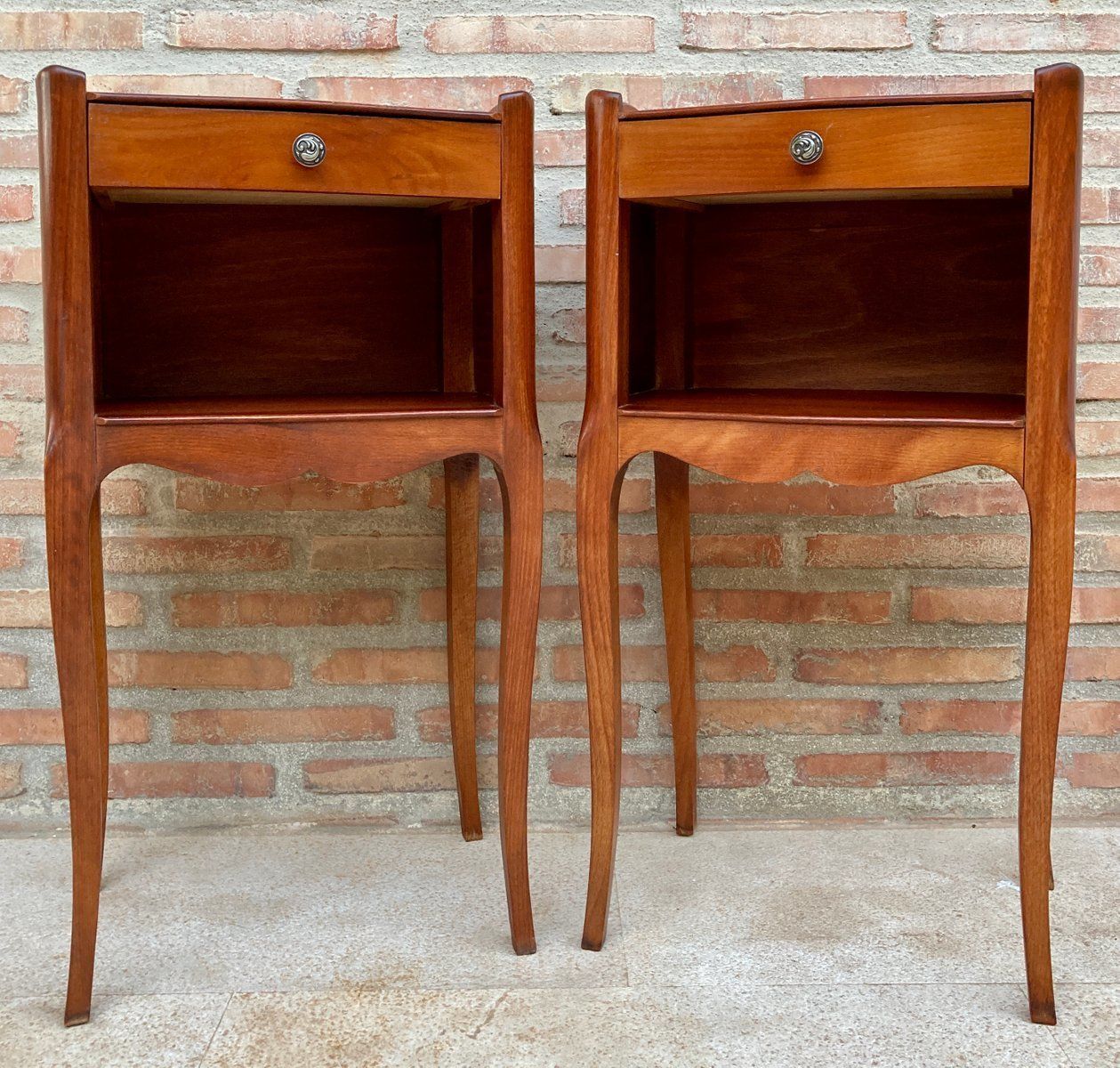20th Marquetry Walnut Nightstands Tables With Drawer And Open Shelf, 1940, Set Of 2 photo for sale