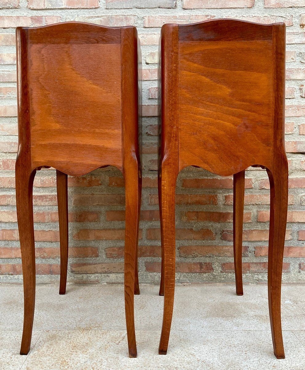 20th Marquetry Walnut Nightstands Tables With Drawer And Open Shelf, 1940, Set Of 2 photo vintage