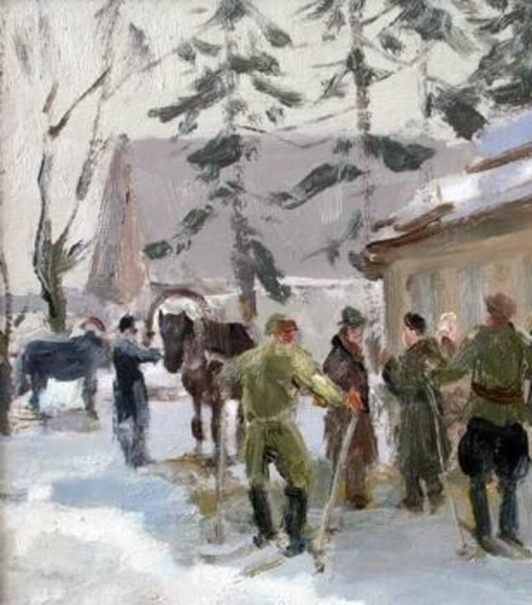 Aleksandrs Zviedris Kolkhoz In Winter. 1950, Oil On Cardboard, photo for sale