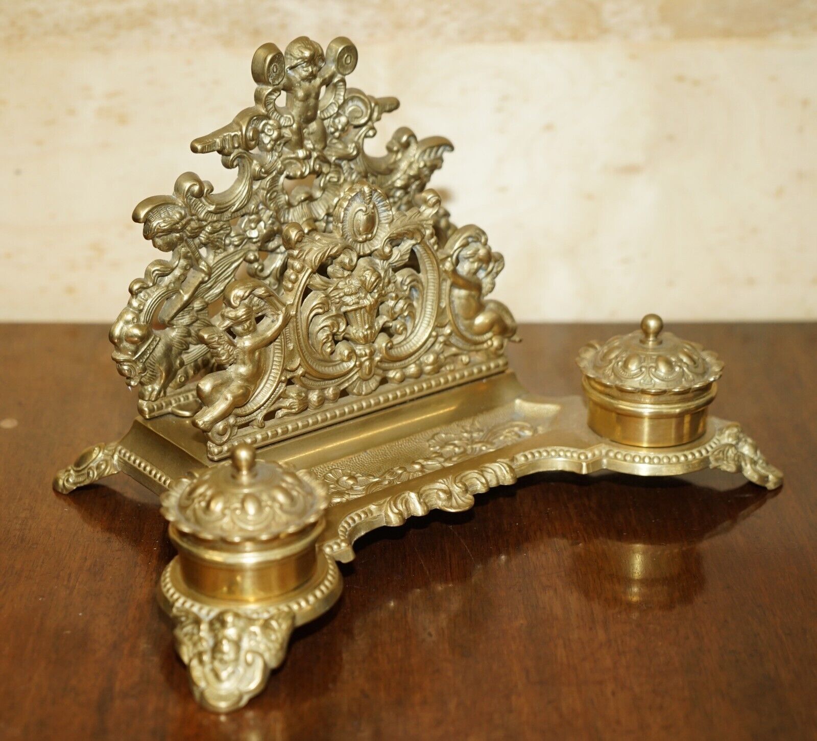Lovely Antique French Baroque Repousse Gilt Brass Cherub Inkwell Letter Stand