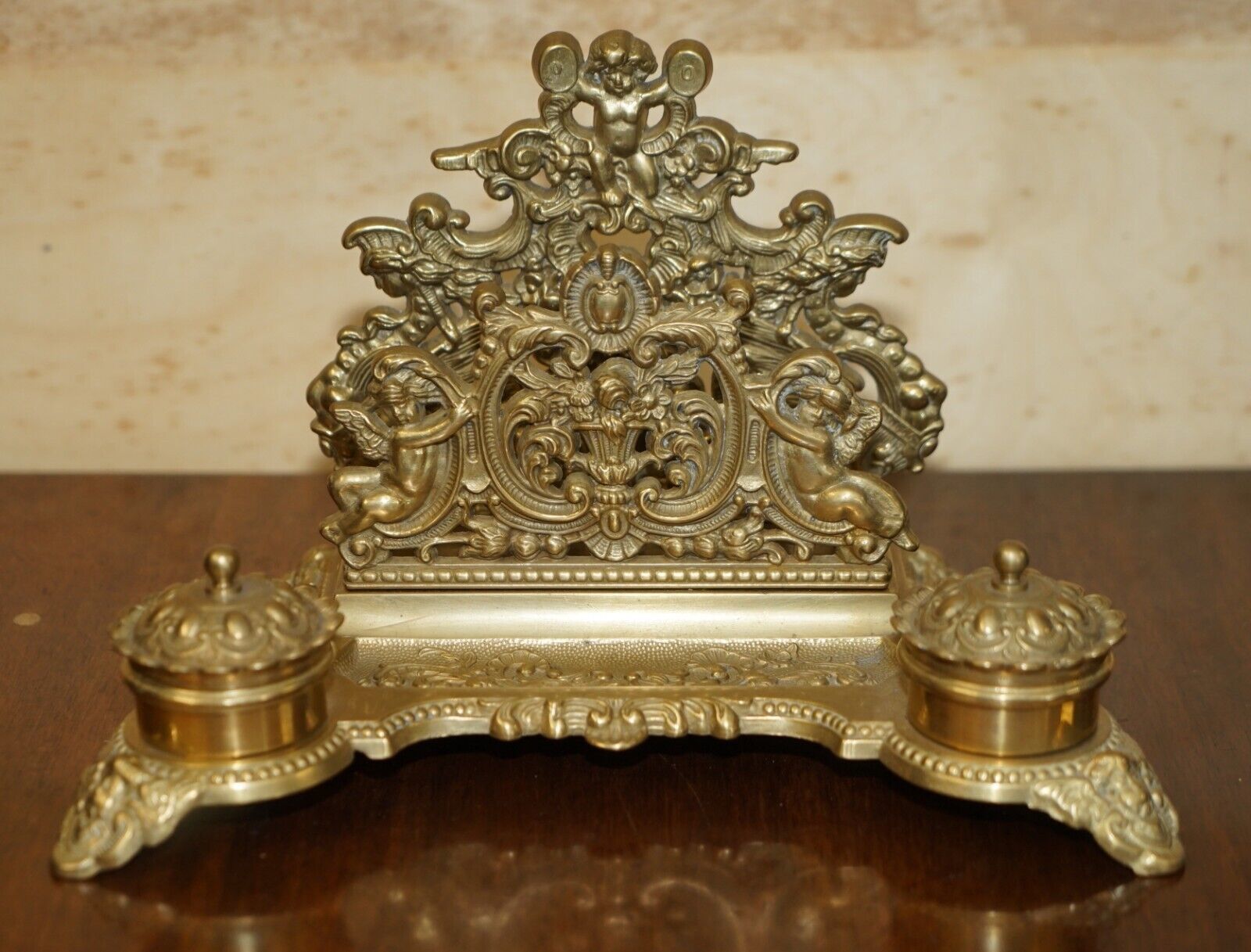 Lovely Antique French Baroque Repousse Gilt Brass Cherub Inkwell Letter Stand photo furniture