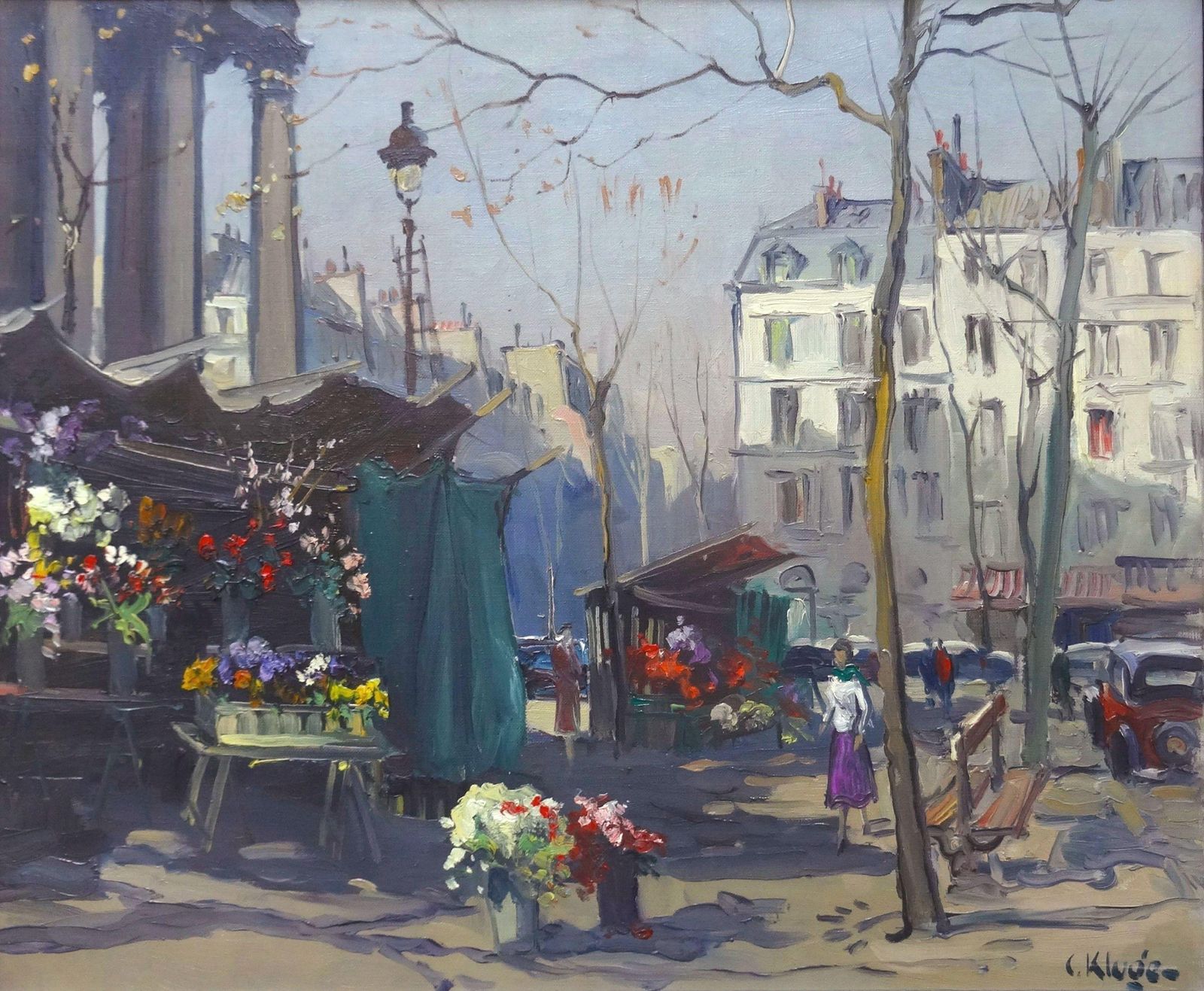 Constantine Kluge Flower Market In Front Of The Madeleine In Paris. Oil On Canvas