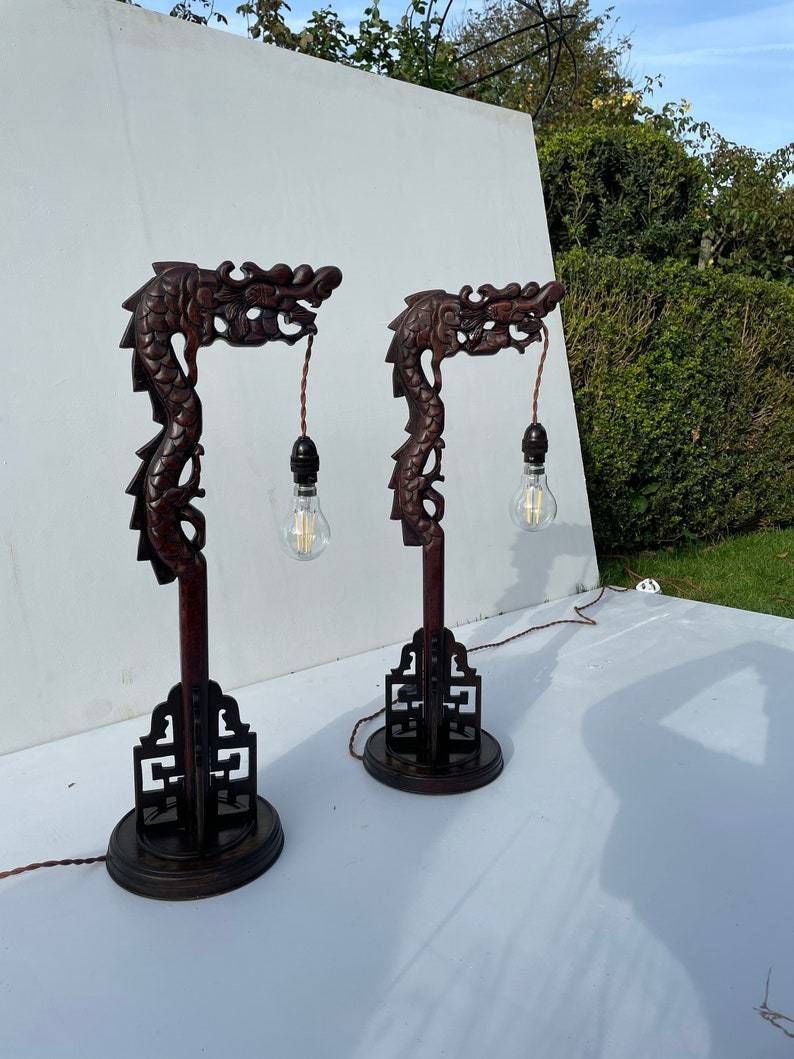 A Pair Of Antique Hand Carved Hardwood Oriental Dragon Table Lamps 1920's photo furniture