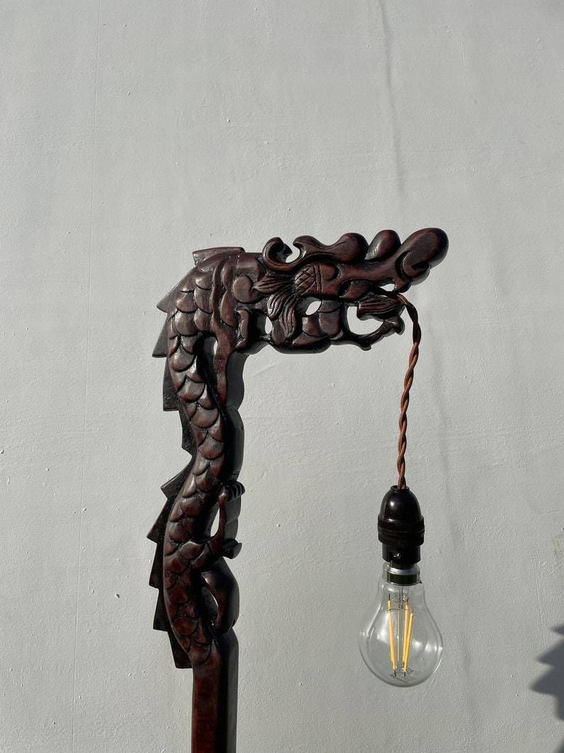 Antique Hand Carved Hardwood Oriental Dragon Table Lamp 1920's photo 500.0