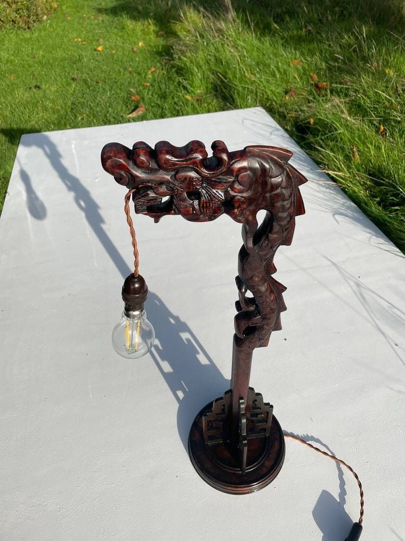 Antique Hand Carved Hardwood Oriental Dragon Table Lamp 1920's photo vinterior