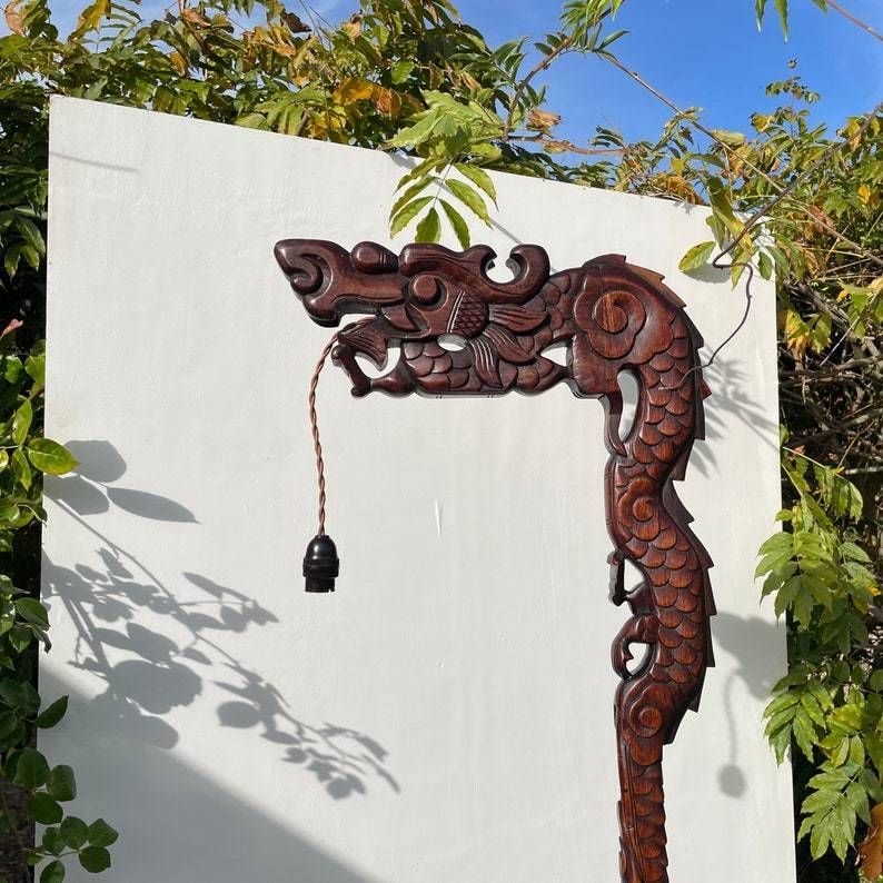 Antique Hand Carved Hardwood Oriental Dragon Floor Lamp 1920's