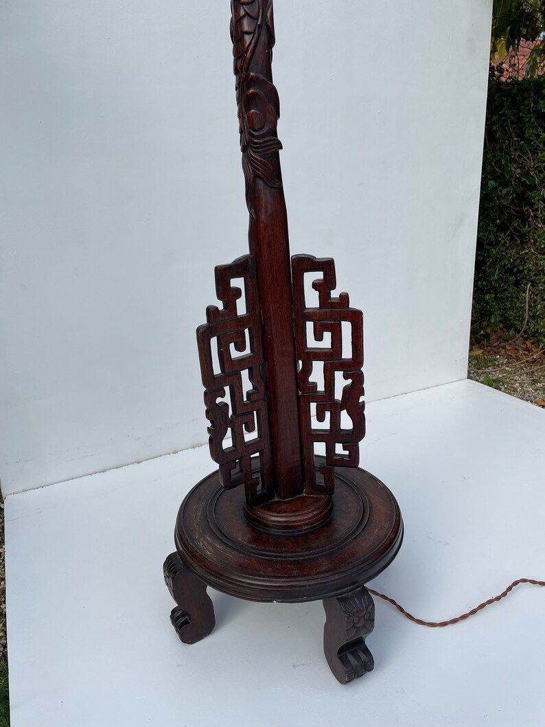 Antique Hand Carved Hardwood Oriental Dragon Floor Lamp 1920's photo buy