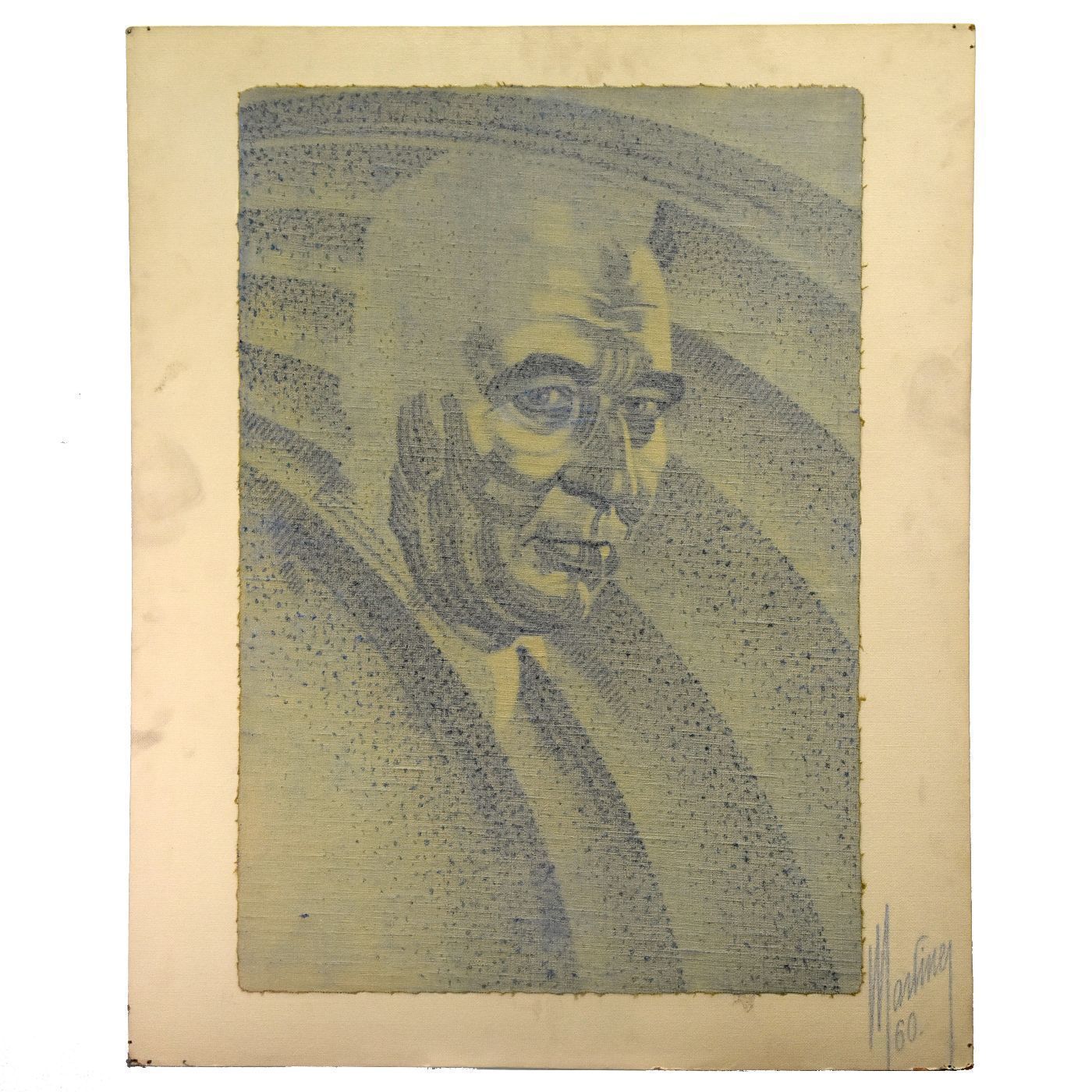 Charcoal And Sanguine Portrait On Textile French School Martinez