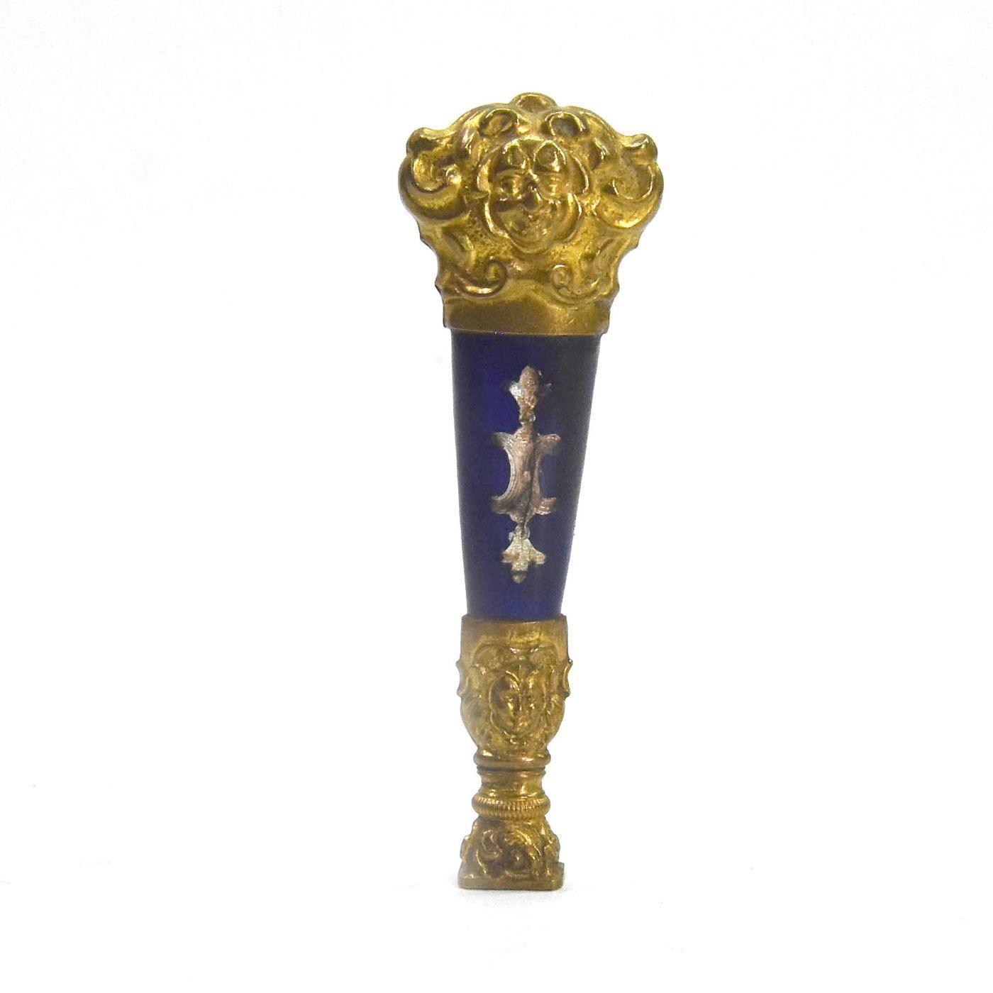 Collectible Seal In Blue Crystal Decorated With Mother Of Pearl And Bronze