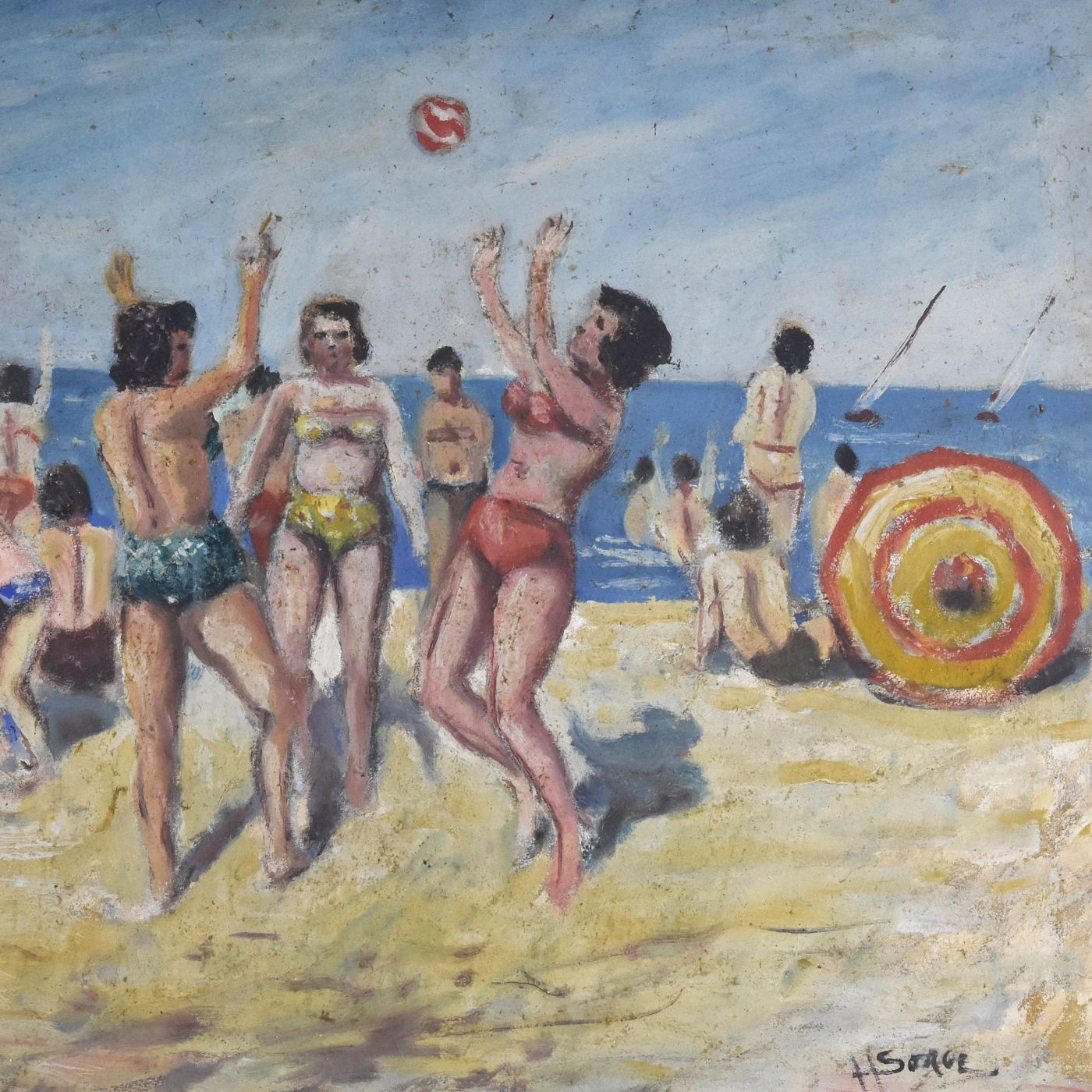 Young Woman Frolicking At The Beach Oil On Panel 1950 Signed Serge photo for sale