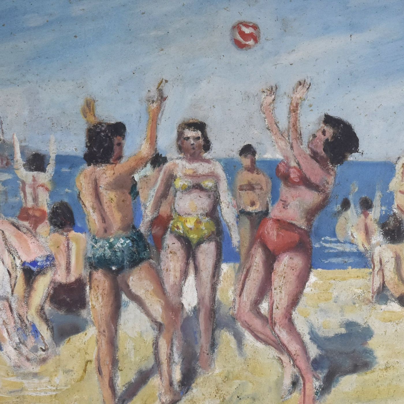 Young Woman Frolicking At The Beach Oil On Panel 1950 Signed Serge photo Art