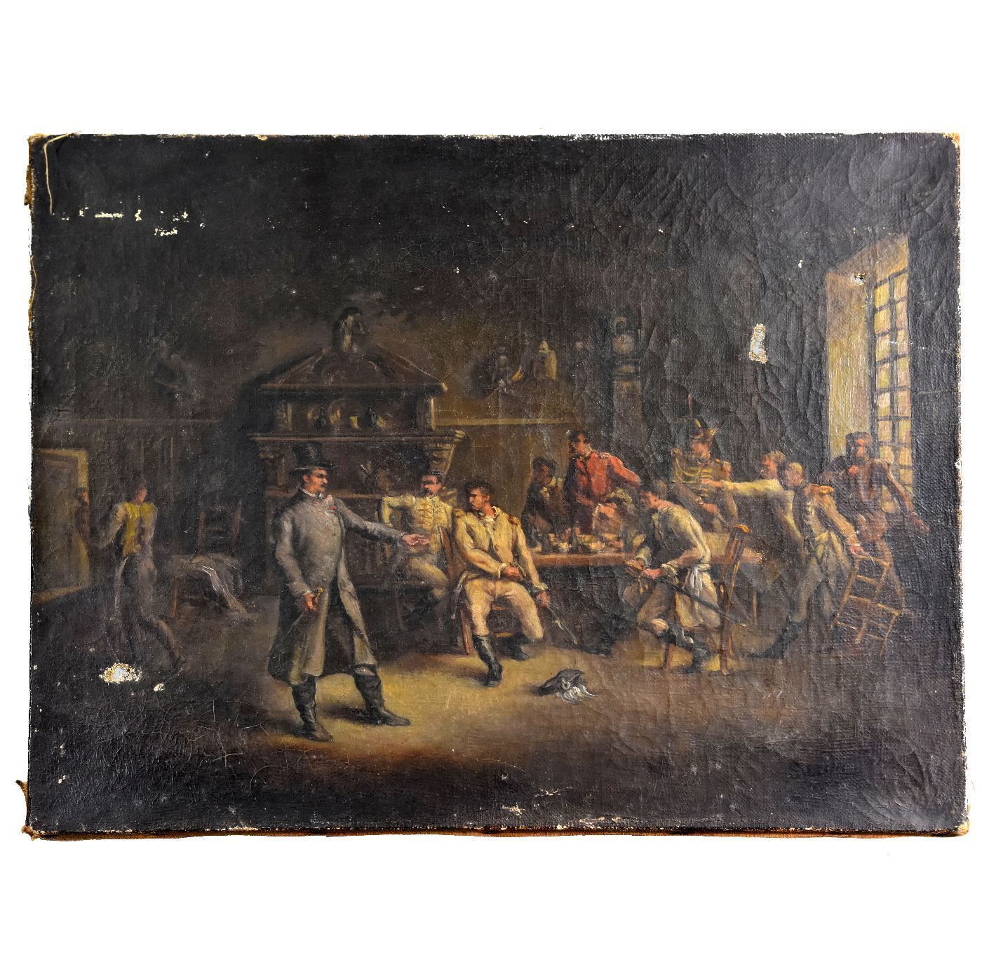 Genre Scene: "Tavern Brawl". 19th Century Painting Signed Sarda