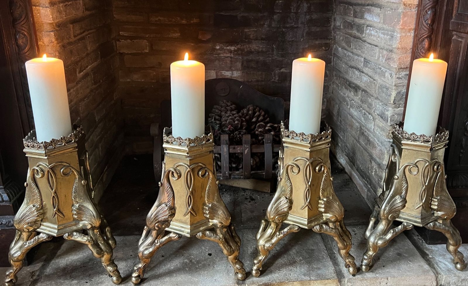 Unusual Set Of 4 Ornate Brass Candlesticks