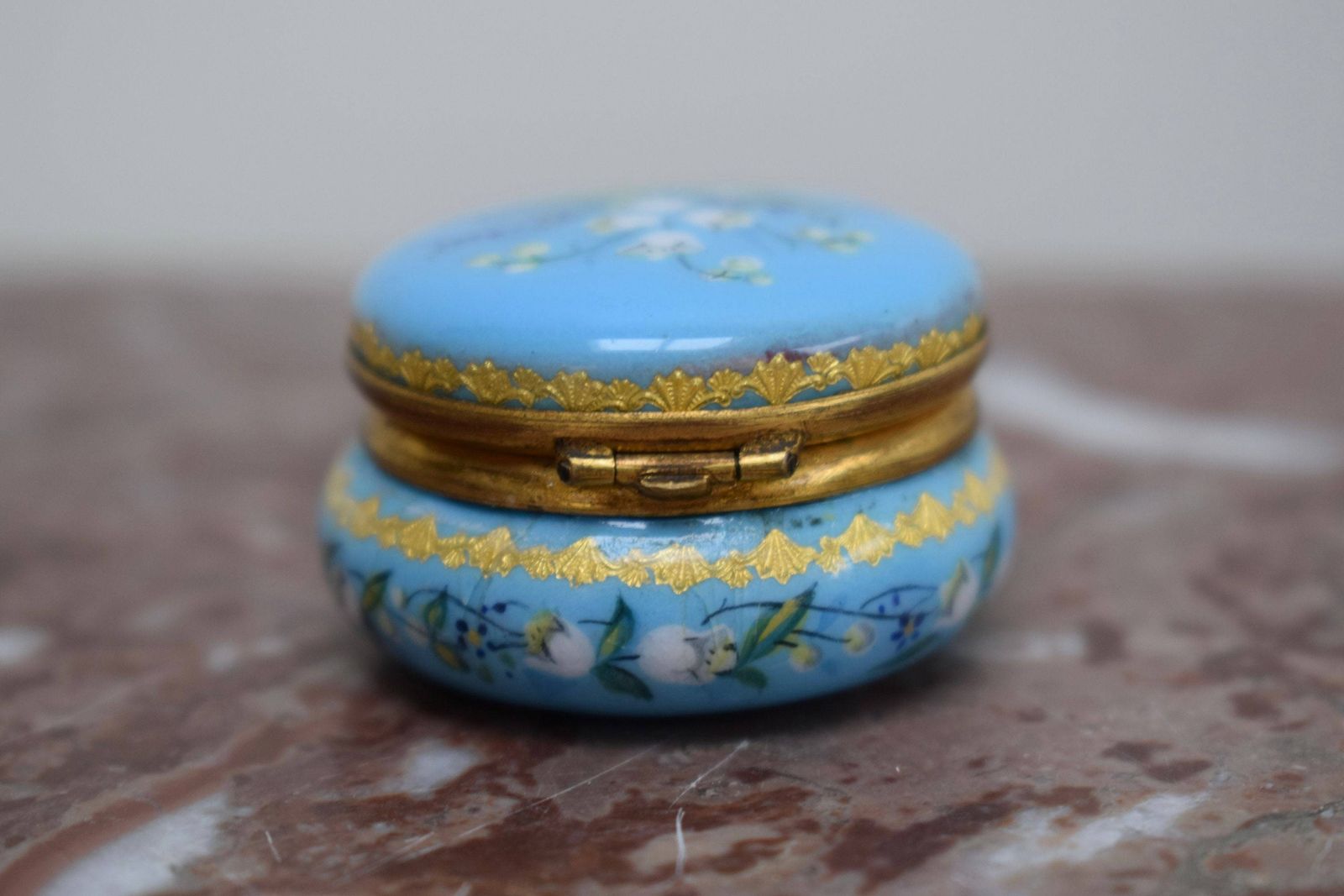 Turquoise Blue Enamel Pill Box Patch Box Small Round Trinket Keeper Lily Of The Valley photo Home Decor