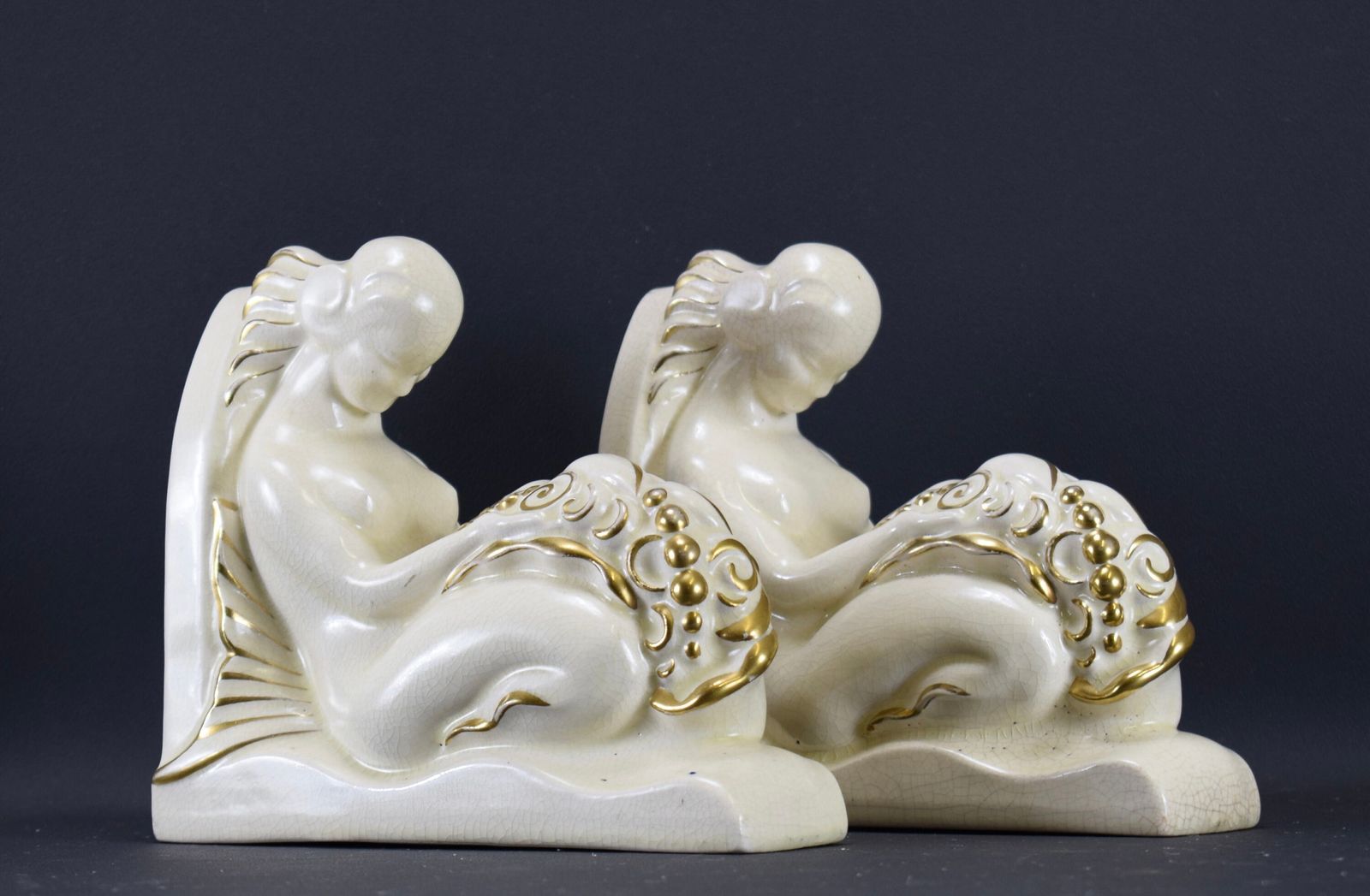 Art Deco Pair Of Mermaid Bookends By Lejan Orchies White Ceramic photo furniture