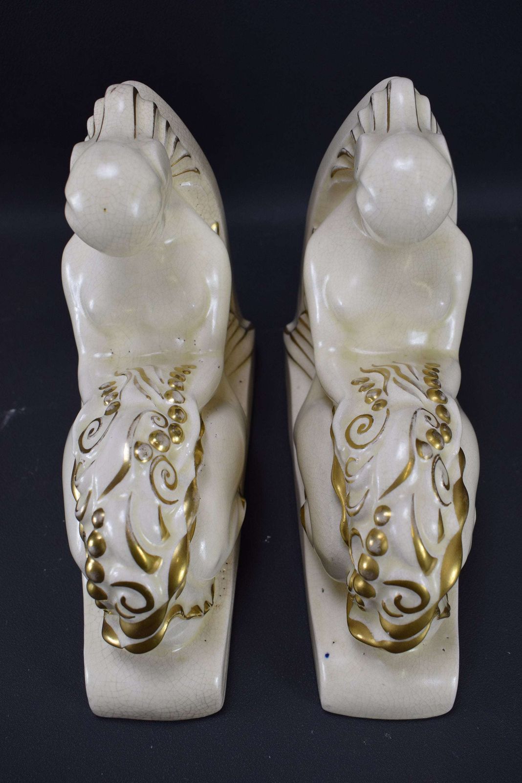 photo furniture Art Deco Pair Of Mermaid Bookends By Lejan Orchies White Ceramic