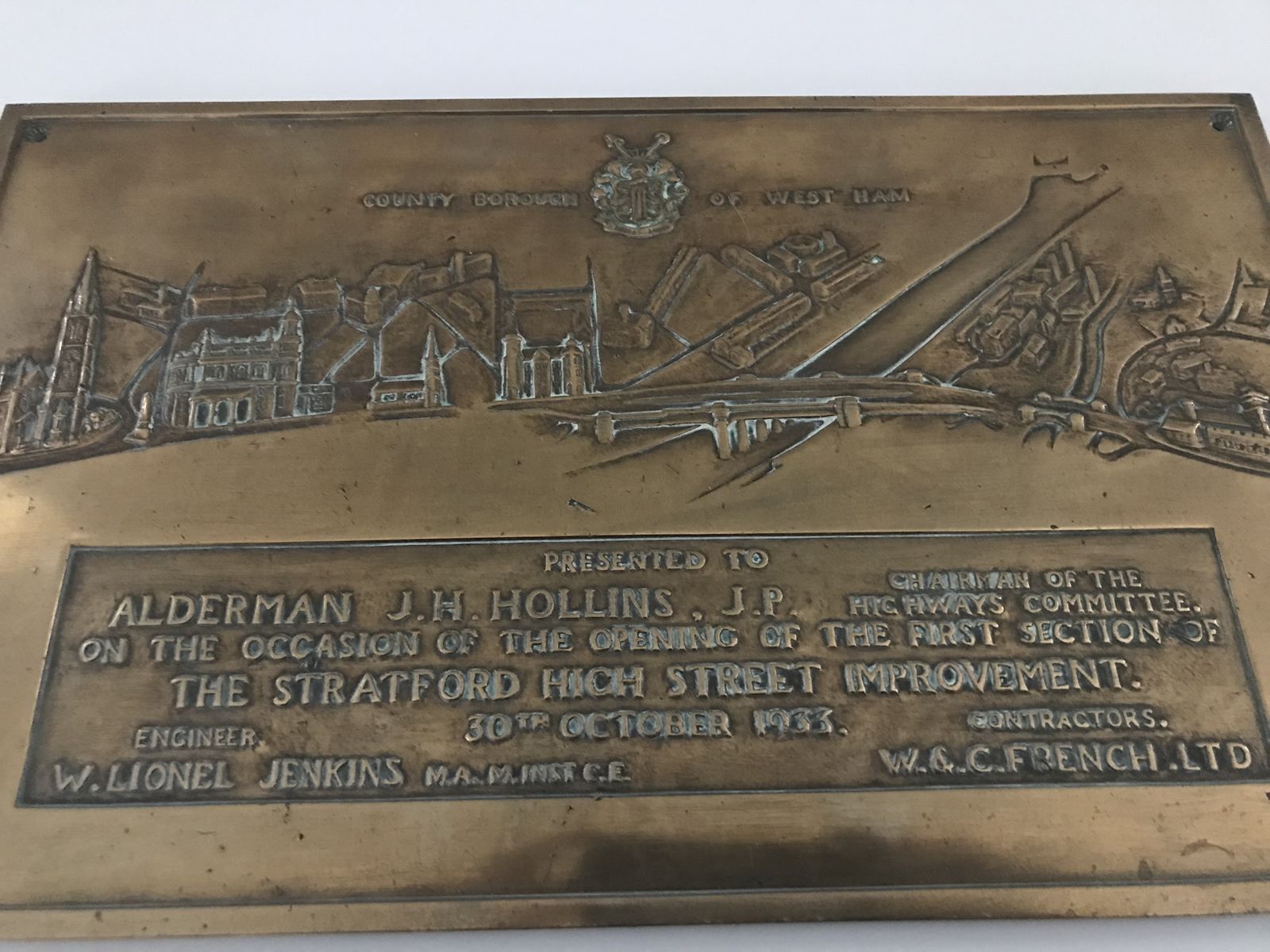 County Borough Of West Ham (London ) Brass Plaque Presented In 1933. photo Home Decor