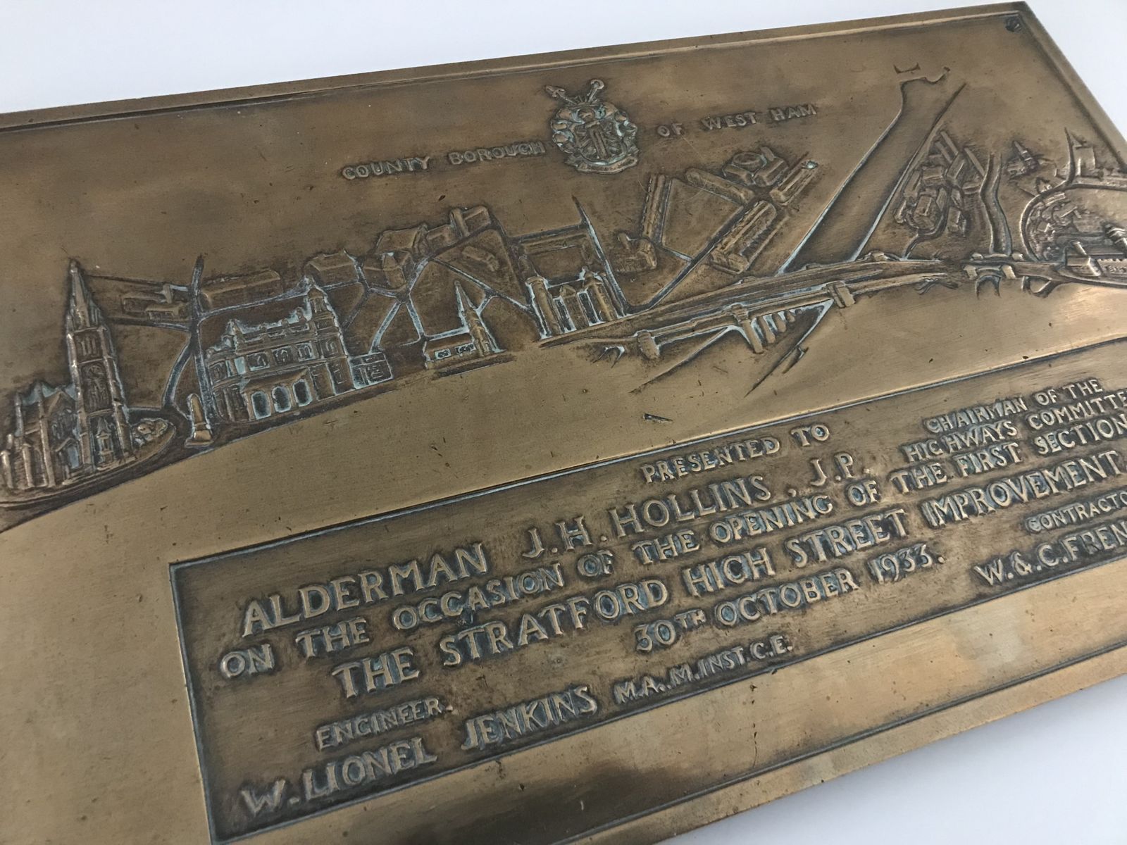 County Borough Of West Ham (London ) Brass Plaque Presented In 1933. photo buy