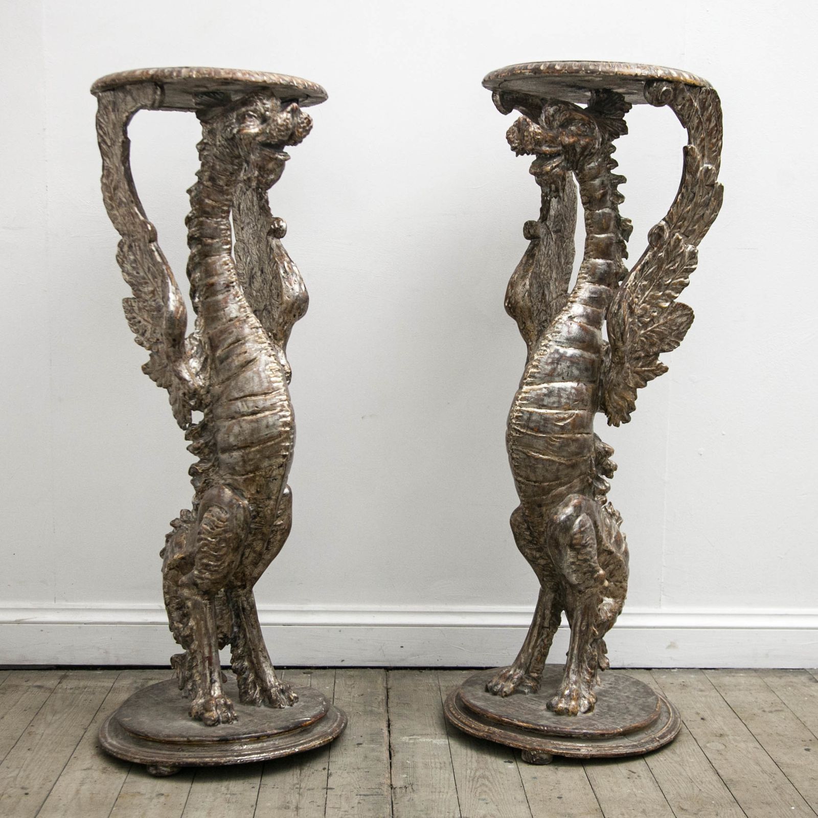 A Pair Of 19th C Carved Torcheres In The Form Of Winged Dragons Carved Torcheres
