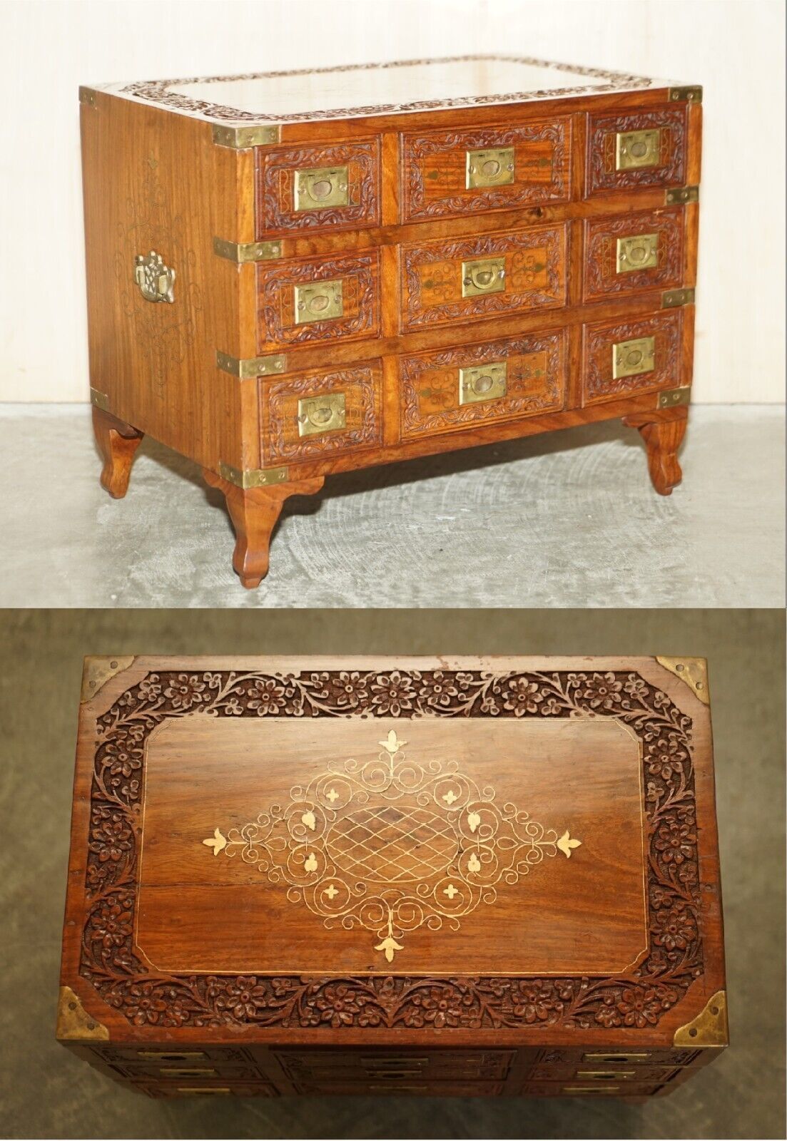 Small Antique Anglo Indian Military Campaign Brass Side Table Tea Chest Drawers