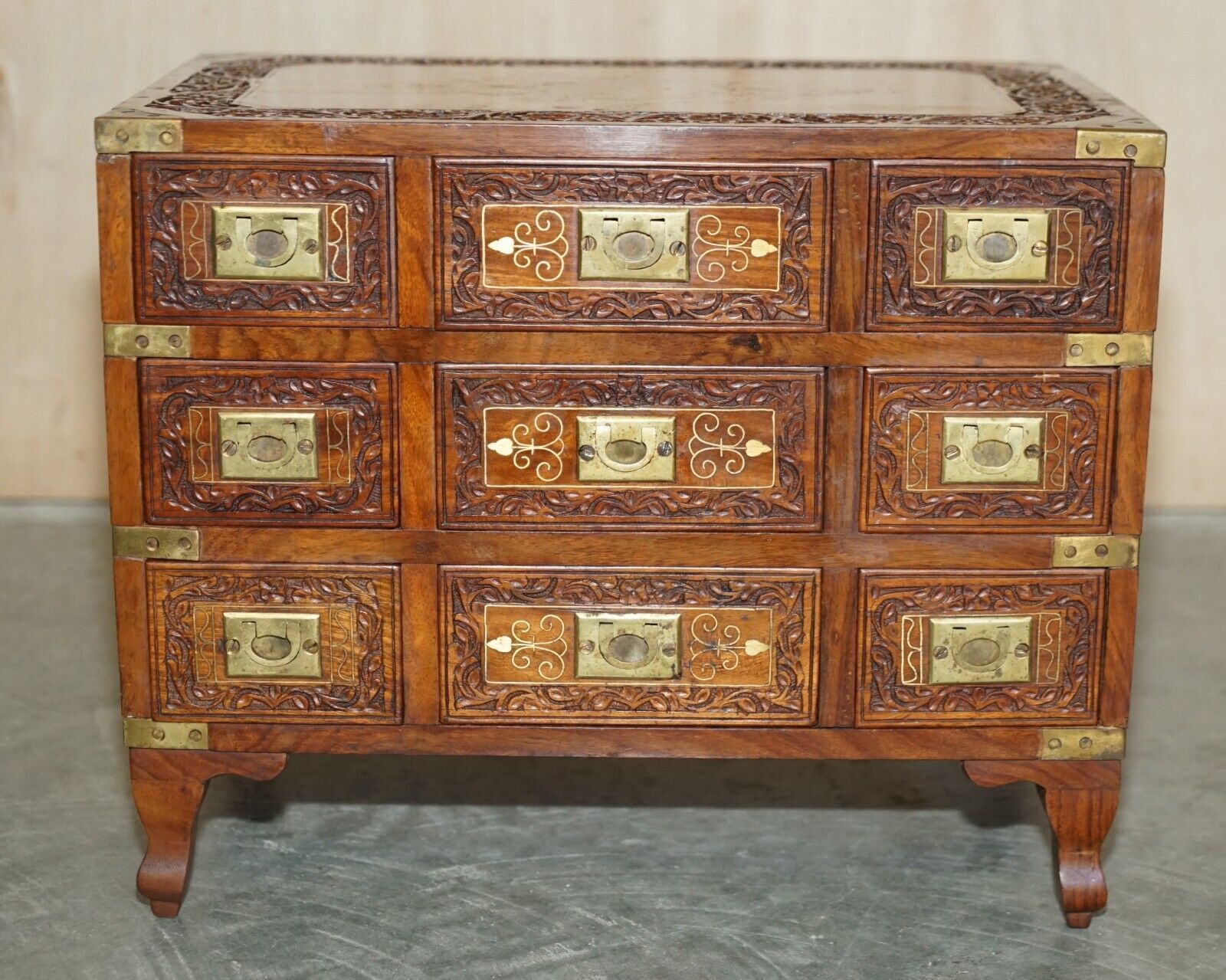 Small Antique Anglo Indian Military Campaign Brass Side Table Tea Chest Drawers photo for sale