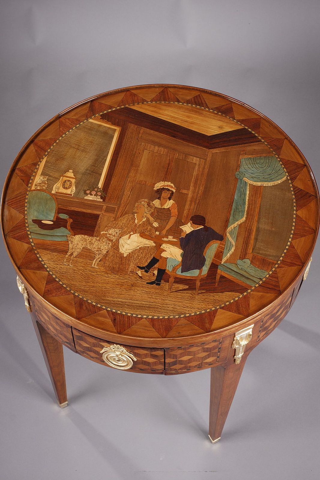 Rare Louis XVI Style Game Table With Wood Marquetry Decoration photo for sale