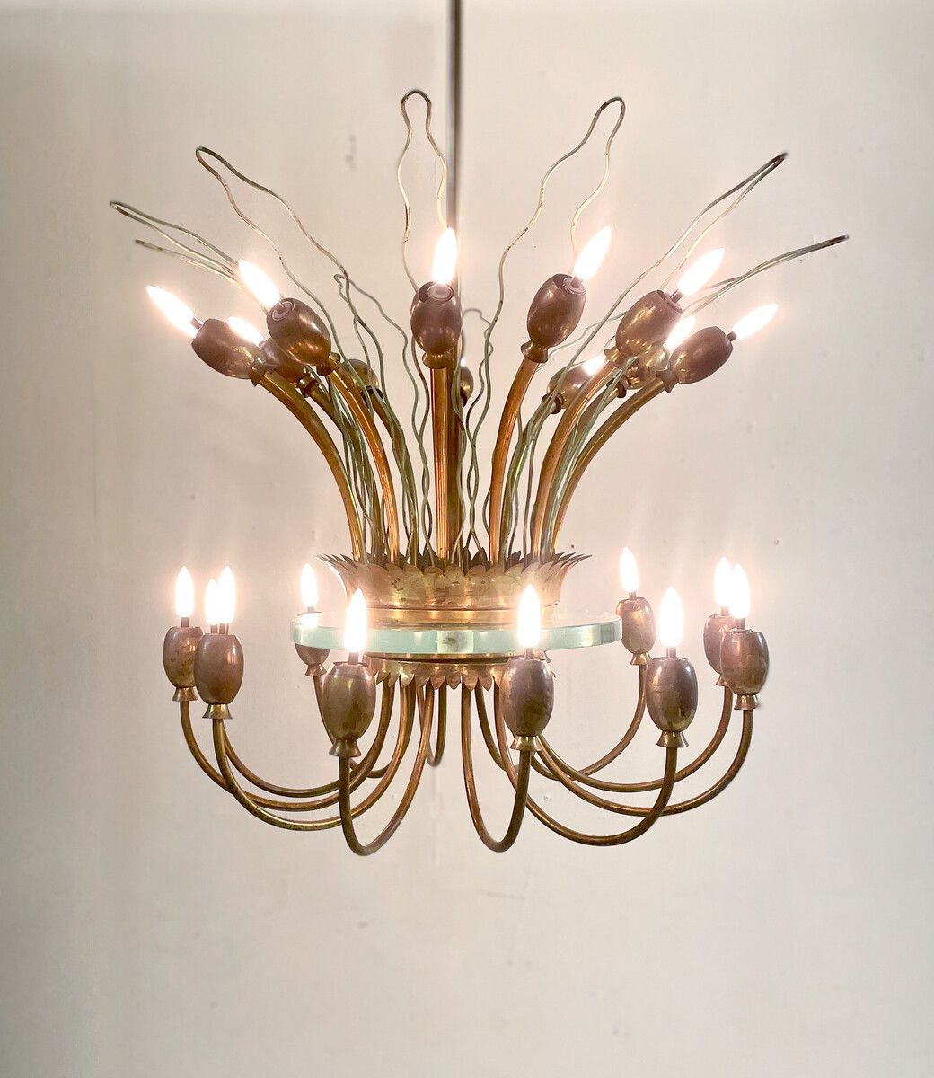Mid Century Modern Italian Chandelier In Brass & Glass