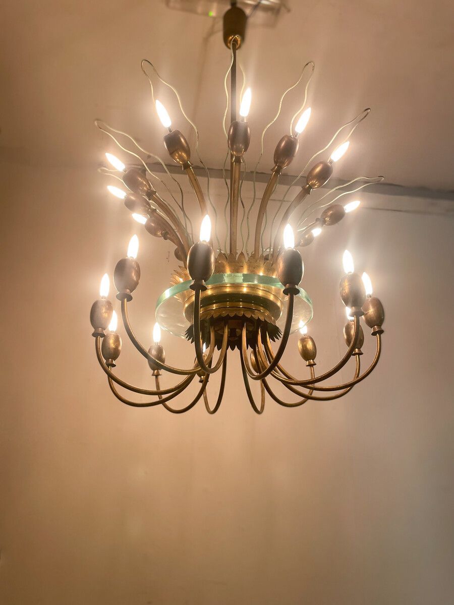 Mid Century Modern Italian Chandelier In Brass & Glass photo for sale